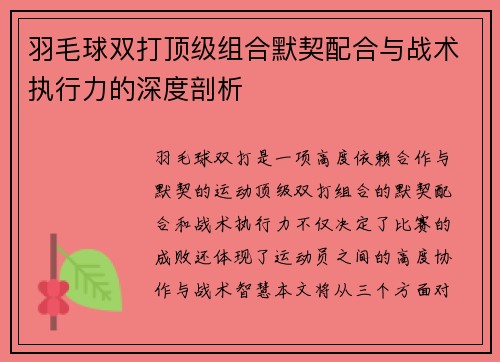 羽毛球双打顶级组合默契配合与战术执行力的深度剖析