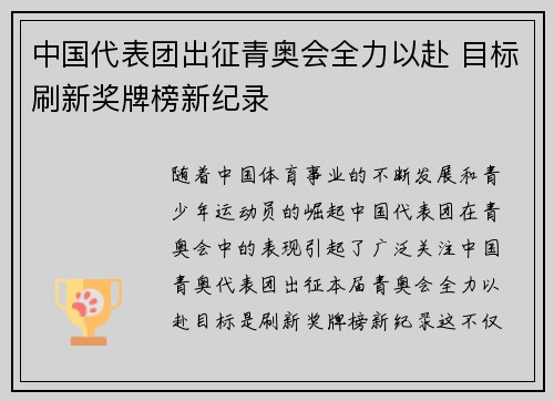中国代表团出征青奥会全力以赴 目标刷新奖牌榜新纪录 中国代表团出征青奥会全力以赴 目标刷新奖牌榜新纪录