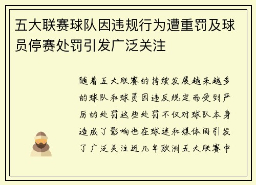 五大联赛球队因违规行为遭重罚及球员停赛处罚引发广泛关注